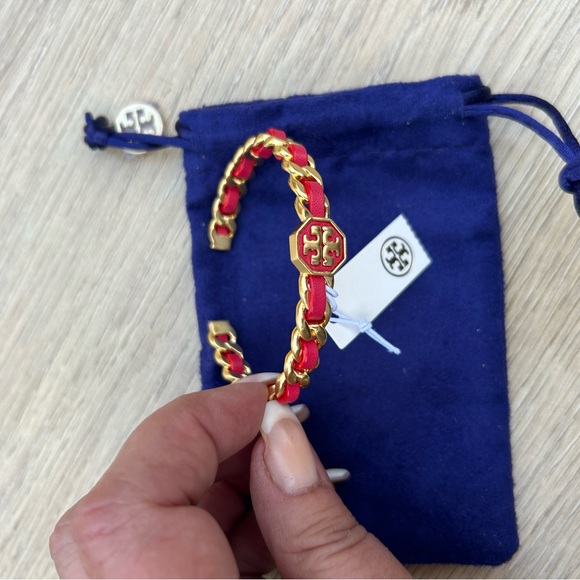 Tory Burch 18 K gold plated brass / nickel free Gorgeous Red Woven leather chain - Picture 7 of 9